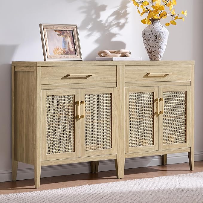 SICOTAS Sideboard Buffet Cabinet with Drawers - Credenza Storage Cabinet with Adjustable Shelves, Farmhouse Sideboards Coffee Bar Console Cabinets for Kitchen Living Room Entryway, Light Walnut, 2 PCS