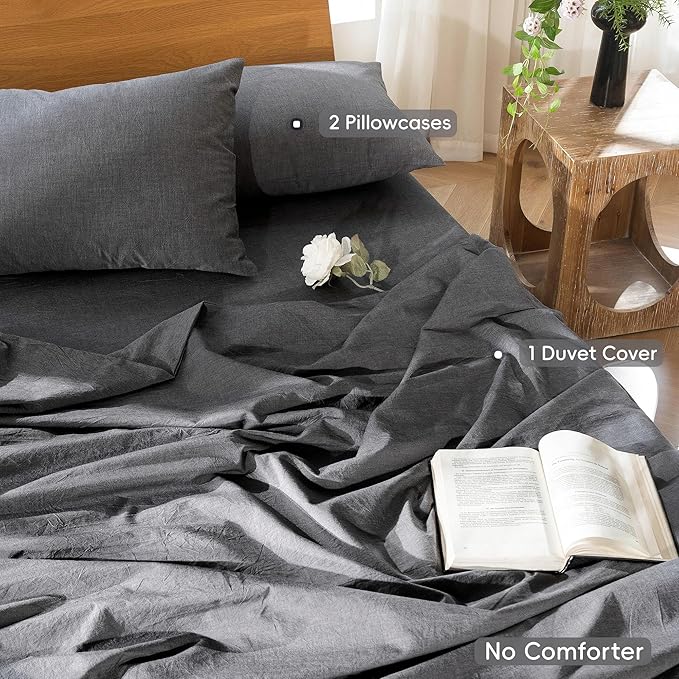 MooMee Bedding Duvet Cover Set 100% Washed Cotton Linen Like Textured Breathable Durable Soft Comfy (Heathered Dark Grey, Super King 108"x98")