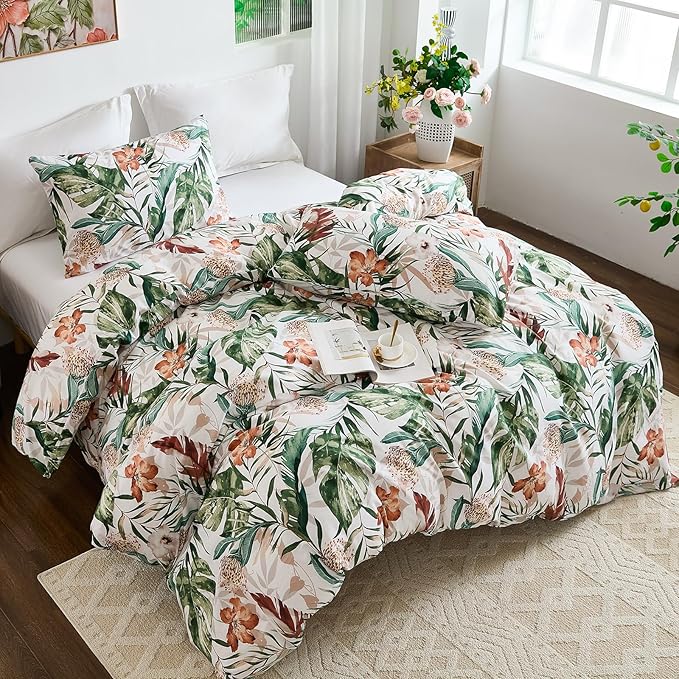 Bedding_Dreamer 100% Cotton Comforter Set Floral King Bedding Green Palm Leaf Comforter Set Botanical Home Decor 3 Pcs with 2 Pillowcases Reversible for All Season