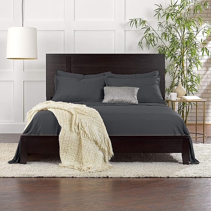 Pure Bamboo Split King Sheets, Genuine 100% Organic Viscose Derived from Bamboo Bed Sheet Set, Soft & Cooling, Double Stitching, 2 Fitted Sheets (Split King, Charcoal)