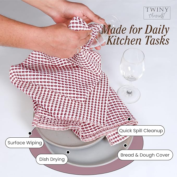 TWINY threads 4 Pack Circle Waffle Kitchen Dish Towels 16"x26", 100% Cotton, Super Absorbent, Heavy Duty, Quick Drying Dishcloth Set, Premium Wash Rags, Great for Drying Dishes, Cleaning, Multicolor