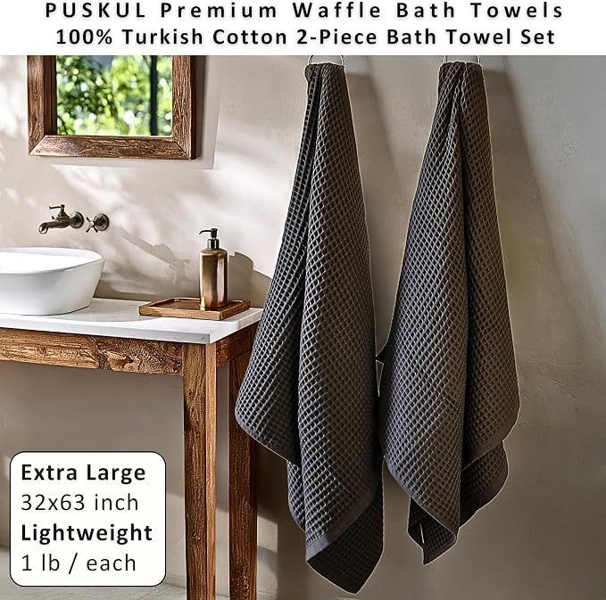 PÜSKÜL Natural 100% Turkish Cotton Waffle Bath Towels Set of 2-Piece | 32x63 inch Extra Large Absorbent Quick-Dry Lightweight Spa Towel | Luxury Sauna Accessories (Dark Gray Bath Towels - Pack of 2)