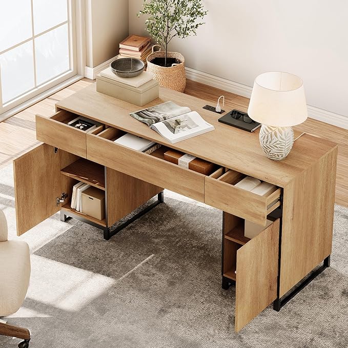 WAMPAT 59" Modern Executive Desk with Drawers, Home Office Computer Desk with Charging Station, File Drawer, Storage Cabinet, Wood Writing Desk for Work and Study, Oak