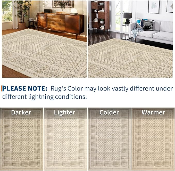 Washable Area Rugs 8x10 Rug for Living Room Modern Bedroom Rug Plaid Farmhouse Large Area Rug Non Slip Throw Rugs Soft Low Pile Stain Resistant Carpet for Dining Room 8'x10' Beige