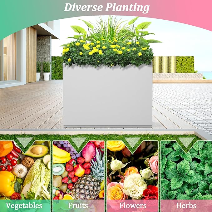 Metal Planter Box Rectangular Planter Box with Drainage Hole, Outdoor Large Planters, All-Weather Use, Rust-Resistance, for Flowers Plants, 35.4" L × 9.1" W × 25.6" H, White