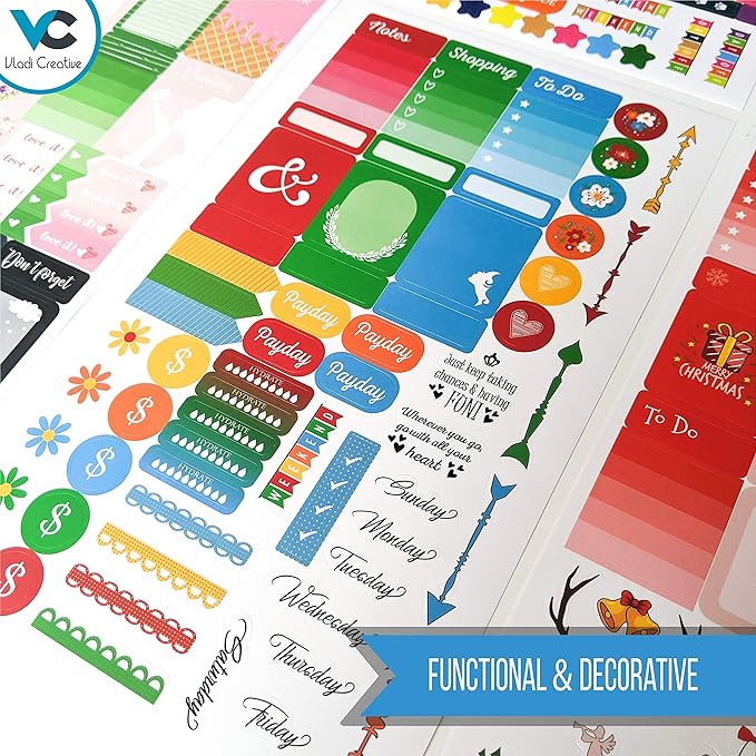 Vladi Creative Planner Stickers - 1054 Pieces, 15 Sheets, Decorative & Productivity-Boosting Colorful Stickers for Journals, Calendars, Scrapbooking, Time Management, & DIY Planner Decoration