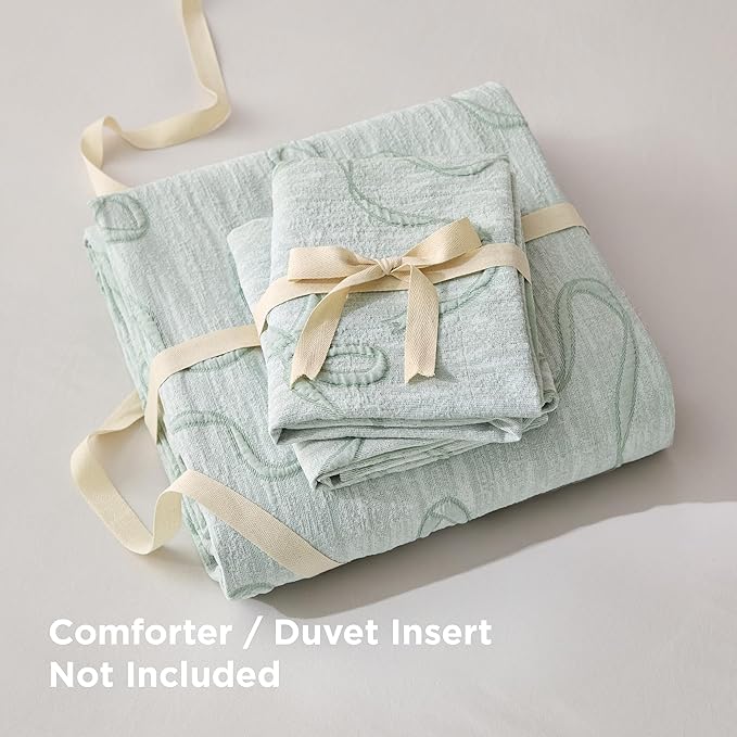 Bedsure Green Duvet Cover Queen Size with Bowknot Jacquard Design, Soft and Elegant Boho Bedding Set, Luxurious Craftsmanship for a Stylish Bedroom,Includes 1 90"x90" Duvet Cover & 2 Pillow Shams