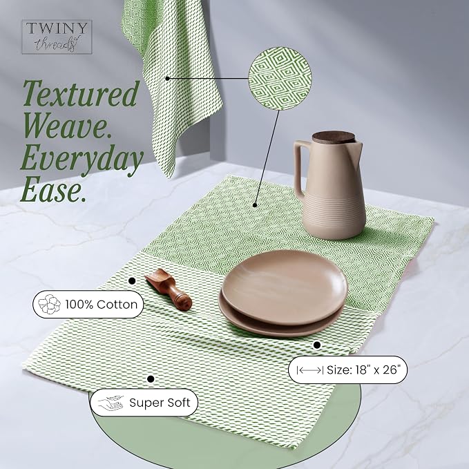 TWINY threads Kitchen Dish Towel Diamond Weave, Premium Large 100% Cotton Kitchen Linen Set, Dish Rags and Wash Rags, Absorbent Quick Drying, Washable Reusable, Pack of 4, 18 x 26 Inch, Mint Green