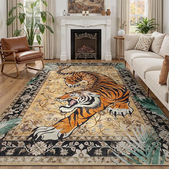 DCX Washable 6x9 Tiger Area Rug, Brown Vintage Animal Rug for Living Room, Soft Low Pile Carpet, Kid & Pet Friendly with Rubber Back Non Slip, Stain Resistant Rug for Bedroom Dining Room Office