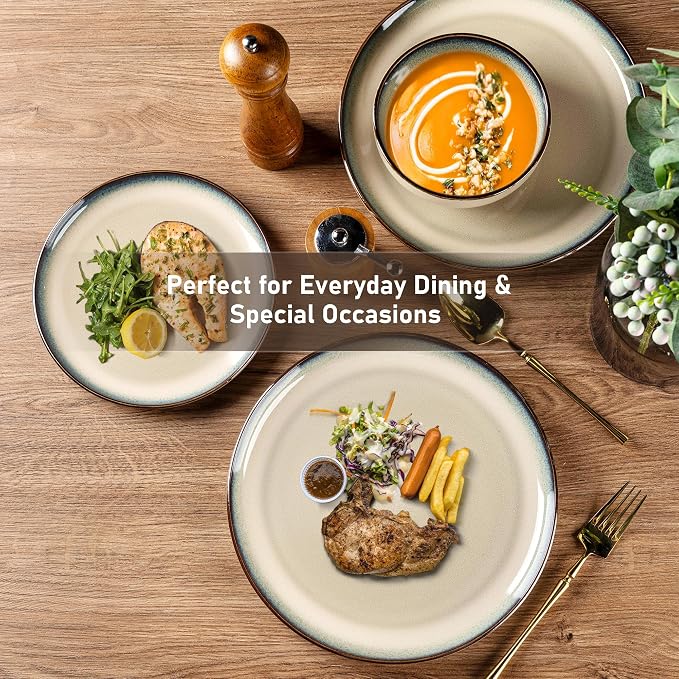 GBHOME Ceramic Dinnerware Sets for 6, 18 Pieces Stoneware Plates and Bowls Sets, Reactive Glaze Dishes -Scratch Resistant, Dishwasher&Microwave Safe,Pale Khaki