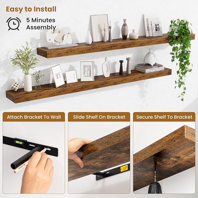 Fun Memories 55 Inch Floating Shelves Bedroom, Large Extra Floating Shelf Set of 2 with Invisible Brackets, Rustic Brown