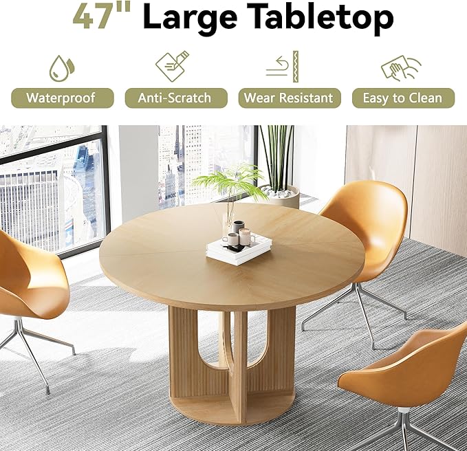 weselon Farmhouse Round Fluted Dining Table for 4, 47 Inch Circle Kitchen Table with Wooden Pedestal Base, Dinner Tables for Home Living Room Kitchen (Natural)