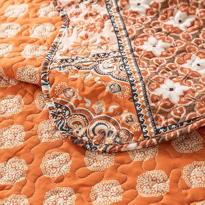 HoneiLife Vintage Quilt Sets Queen - 3 Pieces Microfiber Quilt Sets Lightweight Bedspreads Floral Coverlets Retro Bed Cover All Season Quilts-Pumpkin
