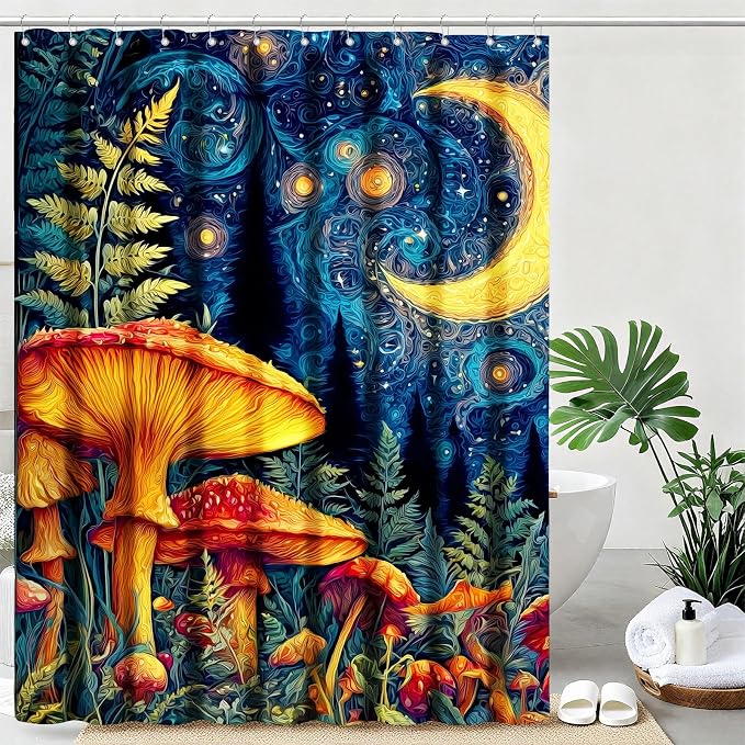 Mushroom Shower Curtain Moon Aesthetic Shower Curtains for Bathroom Waterproof Fabric Bath Curtain Decor with Hooks