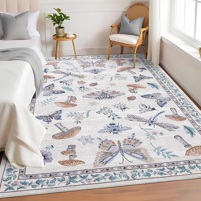 5x7 Washable Mushroom Floral Small Rug Non Slip Living Room Vintage Area Rug Low Pile Soft Bedroom Rugs Non Shedding Kitchen Rugs Boho Retro Indoor Carpet for Kids Nursery Room, Beige