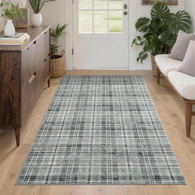 Washable Area Rug 3x5 Plaid Entryway Rug with Non Slip Rubber Backing, Farmhouse Tartan Soft Low Pile Rustic Stain Resitant Throw Rugs for Living Room Bedroom Dining Room