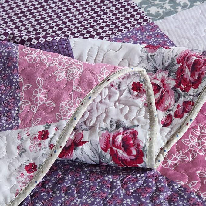 HoneiLife Quilt Set Twin Size - 2 Piece Microfiber Quilts Reversible Bedspreads Patchwork Coverlets Floral Bedding Set All Season Quilts with Geometric and Little Rose Print Pattern，Purple