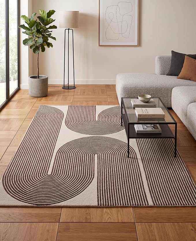 Modern Handmade Wool Area Rug, Abstract Curved Line Geometric Indoor Carpet for Living Room Bedroom, Contemporary Tufted Rug with Soft Pile and Cotton Backing (Cocoa Brown, 6' x 8')