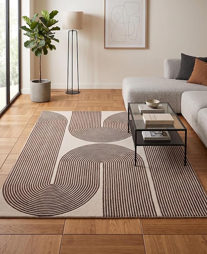 Modern Handmade Wool Area Rug, Abstract Curved Line Geometric Indoor Carpet for Living Room Bedroom, Contemporary Tufted Rug with Soft Pile and Cotton Backing (Cocoa Brown, 10' x 14')