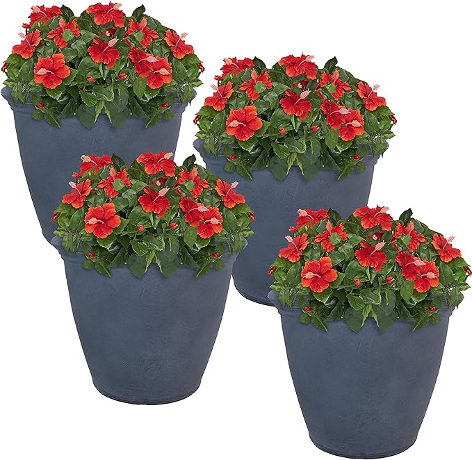 Sunnydaze 20-Inch Anjelica Large Plastic Pot for Plants - Double-Walled Outdoor Polyresin Round Planter Porch Pot with Drillable Drainage Holes - Slate - 4pk