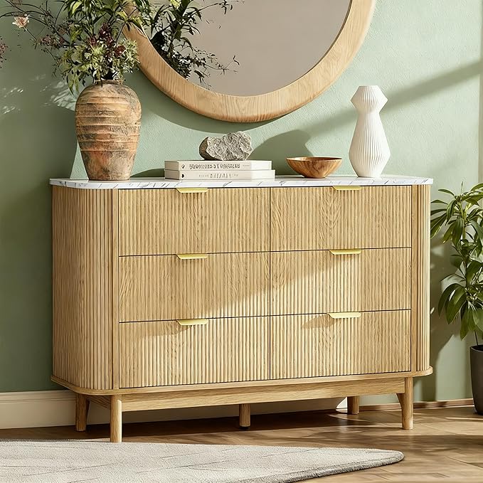 Fluted 6 Drawer Dresser for Bedroom, 47" Wide Chest of Drawers with Faux Marble Top & Curved Profile Design, Modern Dresser TV Stand, Wood Drawer Storage Organizer for Living Room, Natural