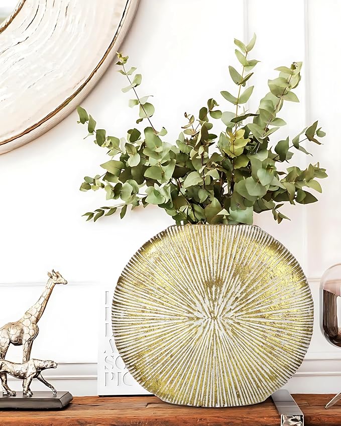 Gold Metal Vase for Home Decor – 11.4" x 10.2" Modern Decorative Vase for Pampas Grass, Artificial Flowers & Dried Bouquets – Elegant Textured Flower Vase for Living Room, Bedroom & Office