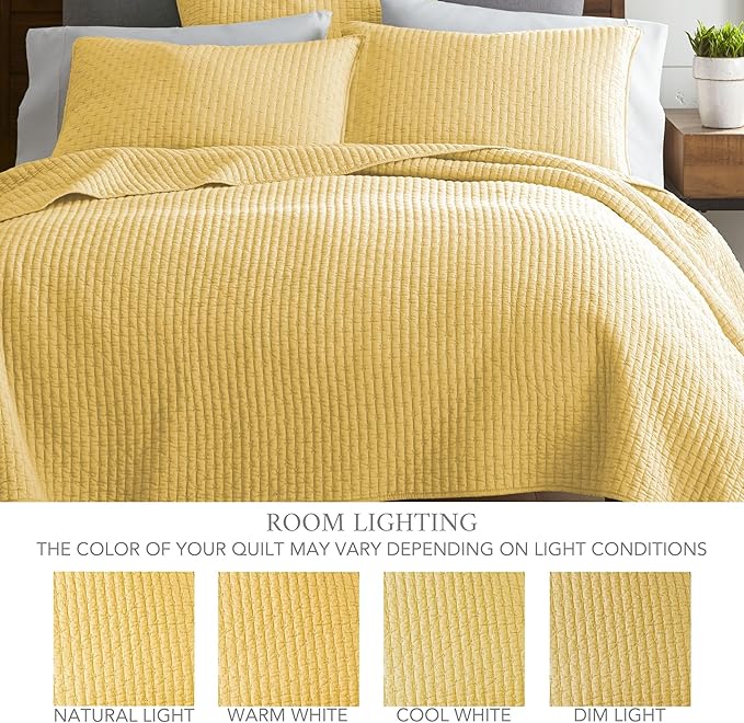 Levtex Home Cross Stitch Reversible Queen Bedspread Set (104x106in) with 2 Pillow Shams (26x20in) - Stitch Texture - Yellow - Cotton Queen Size Bedspread Set - Lightweight, Soft, Pre-Washed