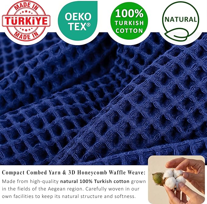 PÜSKÜL Natural 100% Turkish Cotton Navy Waffle Bath Towels Set of 2-Piece | 32x63 Extra Large Absorbent Quick-Dry Lightweight Spa Towel | Luxury Bathroom Towel (Navy Blue Bath Towels - Pack of 2)