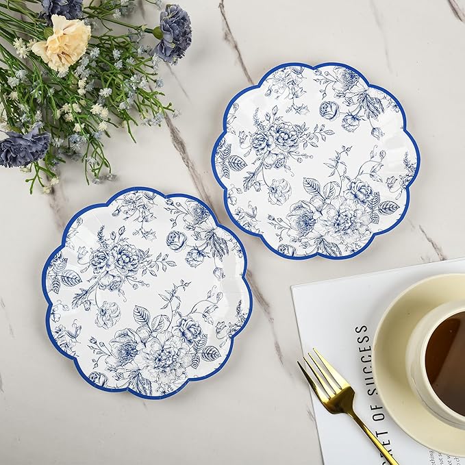 Blue Floral Party Plates - Vintage Leaf Disposable Paper Plates, Wildflower Toile 7" Scalloped Rim Dessert Plates for Christmas, Birthday, Bridal Tea Party Supplies (24 Count)