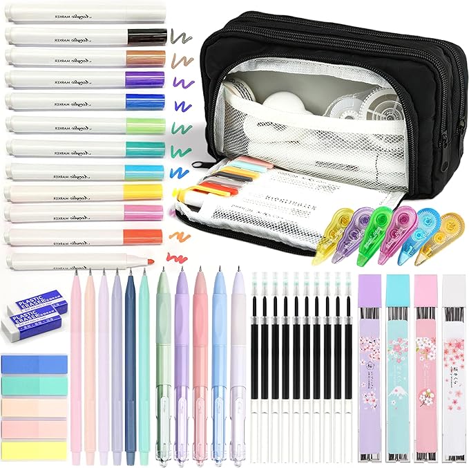 Ristpal 42 PCS Aesthetic School Supplies with Large Pencil Case, 12 Marker Pens with box, 5 Black Ink Gel Pens, 6 Mechanical Pencils Set, Sticky Notes, Complete Essentials Stationery Kit for Students