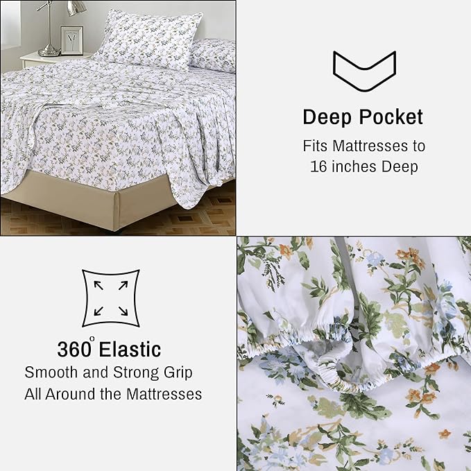RUVANTI 100% Cotton Twin Sheets Set, 3 Pieces, Soft & Breathable Percale Weave Bedding, Deep Pocket 16", Hotel Standard, Crisp Cool Feel, Durable, Perfect Floral Bed Sheet, Heritage