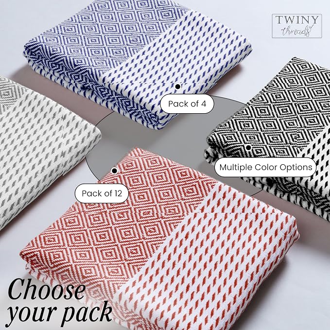 TWINY threads Dish Towel Diamond Design Assorted Colors, Premium Large 100% Cotton Kitchen Linen Set, Quick Drying Absorbent Wash Rags, Reusable Washable for Daily Cleaning, 4 Pack, 18"x26"
