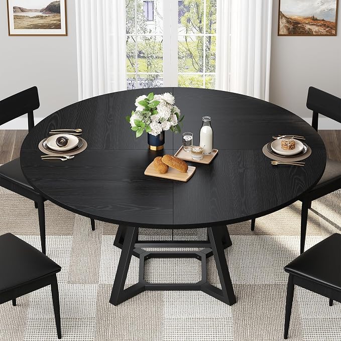 knoworld 51'' Round Dining Table, Kitchen Tables Dining Room Circle Dinner Table with Pedestal Metal Frame, Space Saving Wood Industrial Kitchen & Dining Room Tables, Black 51In