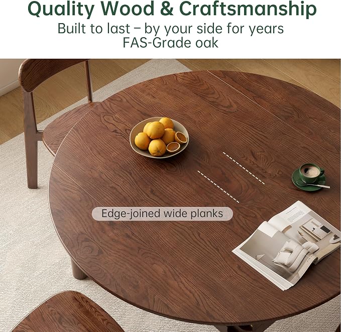 YESWOOD 33.5''-51.2'' Extendable Round Dining Table for 4-8, 100% Solid Oak Expandable Kitchen Table with Removable Leaves, Modern Wood Space Saving Dinner Table for Dining Room, Living Room, Walnut