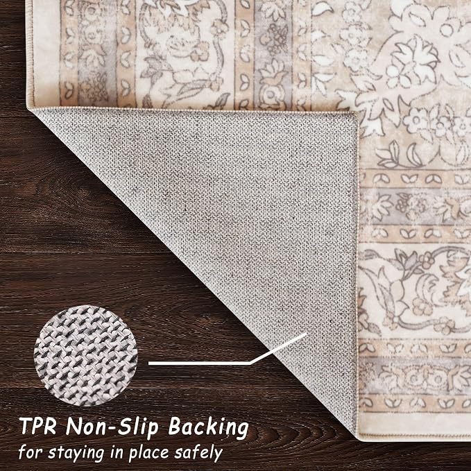 vivorug Beige Runner Rug 2x10 Machine Washable Rug with Non-Slip Backing, Ideal for Kitchen Hallway Entryway Laundry Room - Vintage, Durable, Easy Clean, Low Pile Carpet Runner