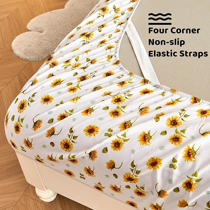 Softan Floral Sheet Set Full, Sunflower Printed Bed Sheets Double, Brushed Microfiber Fitted Sheet with 15" Deep Pocket & Non-Slip Straps, Yellow Flower Pattern Sheet & Pillowcase Sets