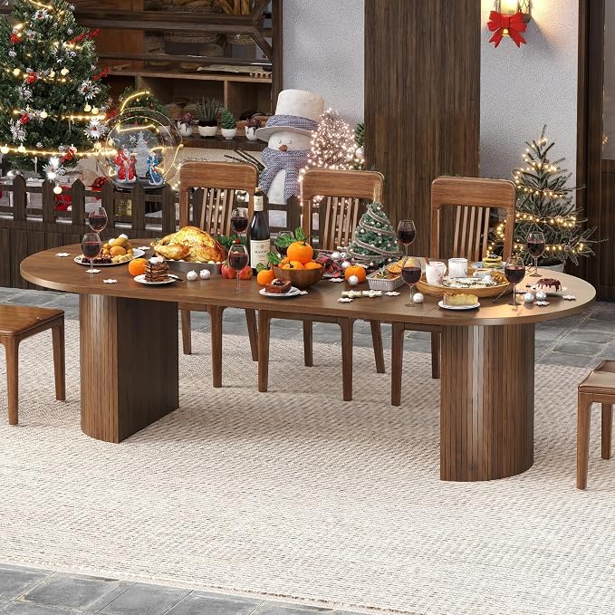 43-95 inch Long Round Extendable Dining Table for 4-10, Space Saving Oval Large Dinner Kitchen Table with 3 Leaf, 2 Storage, Fluted Mid Century Modern Dining Room Table for Living Room, Brown