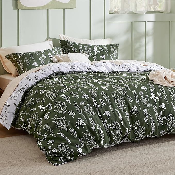 Bedsure Duvet Cover Queen Size - Reversible Dark Green Queen Duvet Cover Set with Zipper Closure, 3 Pieces Floral Patterned Bedding Set with 8 Corner Ties and 2 Pillow Shams