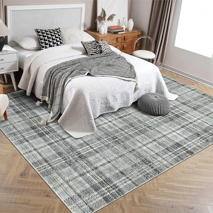 Washable Plaid Rug - Modern Farmhouse Green 6'x9' Non Slip Stain Resistant Carpet for Living Room, Bedroom, Dining Room, Office, Nursery