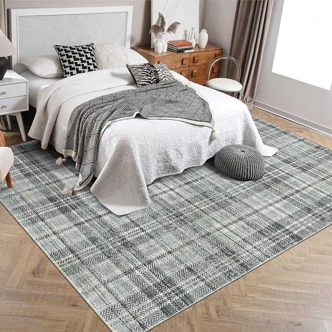Washable Rugs 10 x 13 Rug for Living Room Soft Bedroom Rug Modern Plaid Large Area Rug Non Shedding Non Slip Throw Rugs Stain Resistant Carpet for Dining Room Nursery 10'x13' Greenish Grey