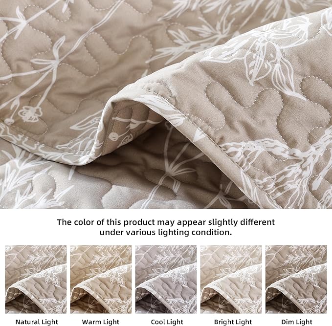JANZAA Quilts Queen Size Oatmeal Bed Spread with White Floral Pattern Botanical Microfiber Quilts Set Lightweight Comforter 3 Pieces Reversible Bedding Set (1 Queen Quilt and 2 Pillow Cases)