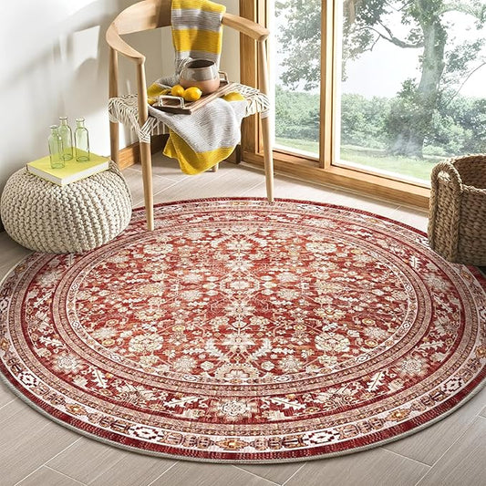 OPPODREAM Vintage Red Round Rug 5ft, 5 ft Retro Washable Circle Rug Non Slip, Low-Pile Faux Wool Circular Carpet, Distressed Floor Mat for Living Room, Bedroom, Office, Dorm, Dinning Room