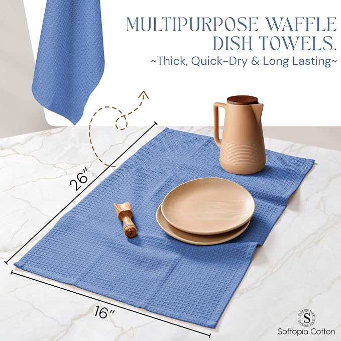 Sky Blue Kitchen Dish Towels Set of 12-100% Cotton Waffle Weave, Super Absorbent, Soft, Quick Drying, 16x26 Inches, Ideal for Cleaning, Bar, Tea, and Everyday Use, Light Blue