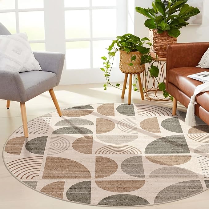 MUJOO Round Rugs 6ft,Circle Area Rug Washable,Circular Rugs for Living Room Dining Room,Large Boho Non Slip Throw Floor Carpet Modern Abstract Bohemian Neutral Beige