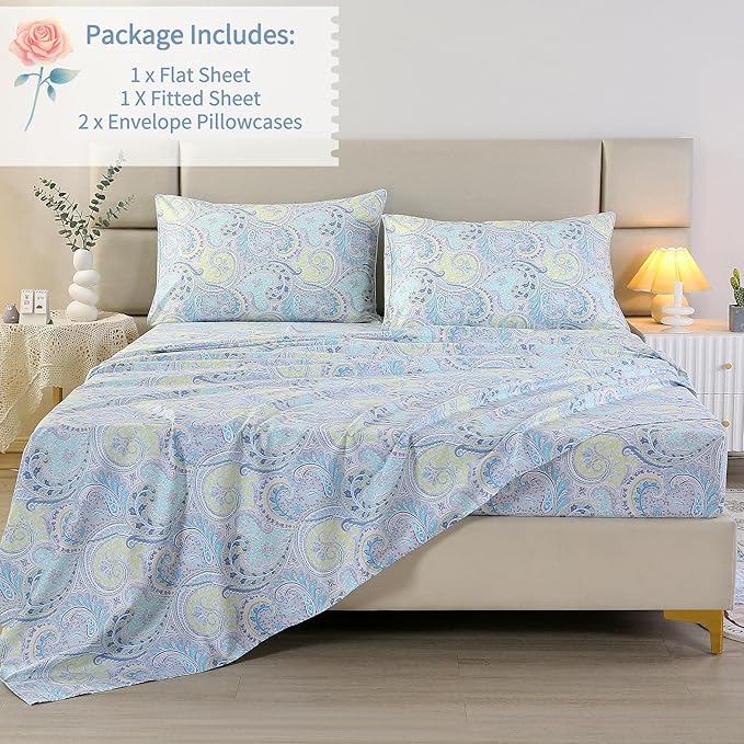 RYNGHIPY Cotton Sheets Floral Print Queen Size Sheet Sets Flower Botanical Pattern Egyptian Cotton Bed Sheets Soft and Breathable Deep Pockets (Blue,Queen Size)