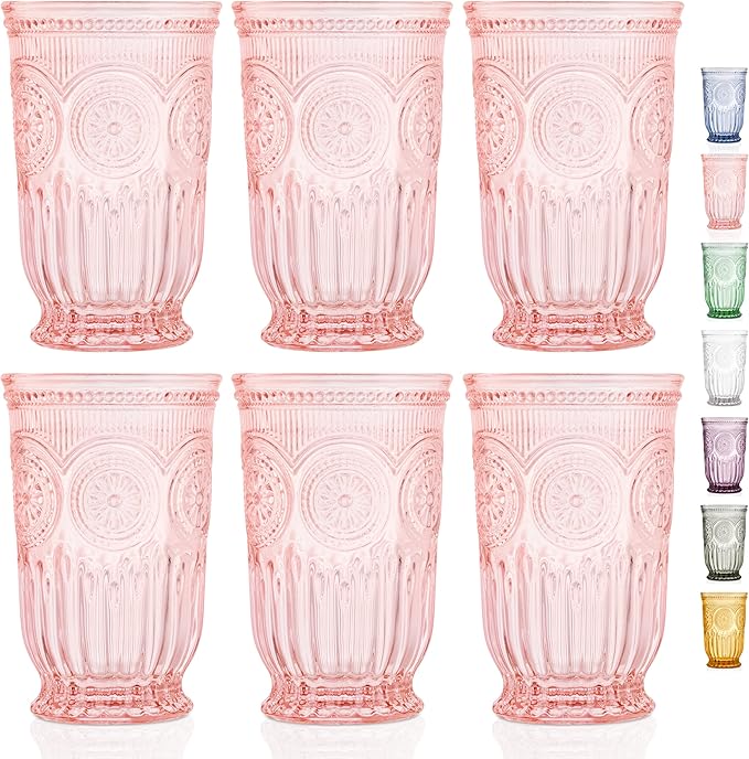 Pink Highball Glasses Set of 6 Tall Drinking Glasses 10 oz
