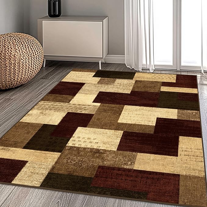 Modern Geometric Patchwork Indoor Area Rug for Living Room, Red 5x7 Large Rug Rockwood Collection Hardwood Floors Decor for Bedroom, Burgundy Throw Carpet for Office Entryway Dining Room