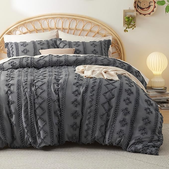Bedsure Boho Duvet Cover Queen Size, Soft & Comfortable Elegant Design Boho Bedding for Decoration, Machine Washable Comforter Cover for All Seasons,Includes 1 Duvet Cover & 2 Pillow Shams,Dark Grey