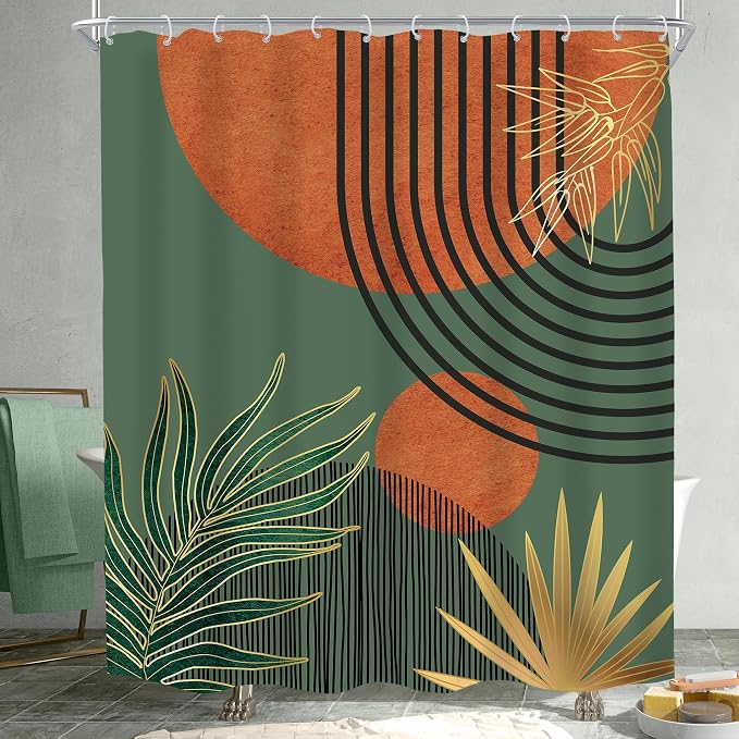 KOMLLEX Mid Century Green Orange Boho Shower Curtain for Bathroom Decor Abstract Modern Sun Minimalist Aesthetic Arch Curve Leaves Geometric Neutral Fabric Waterproof Polyester 12 Pack Hooks 60Wx72L