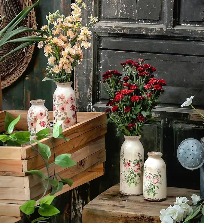 Ceramic Rustic Farmhouse Vase, Distressed Floral Pattern, Holds Water, With Handle, 7.8 inches